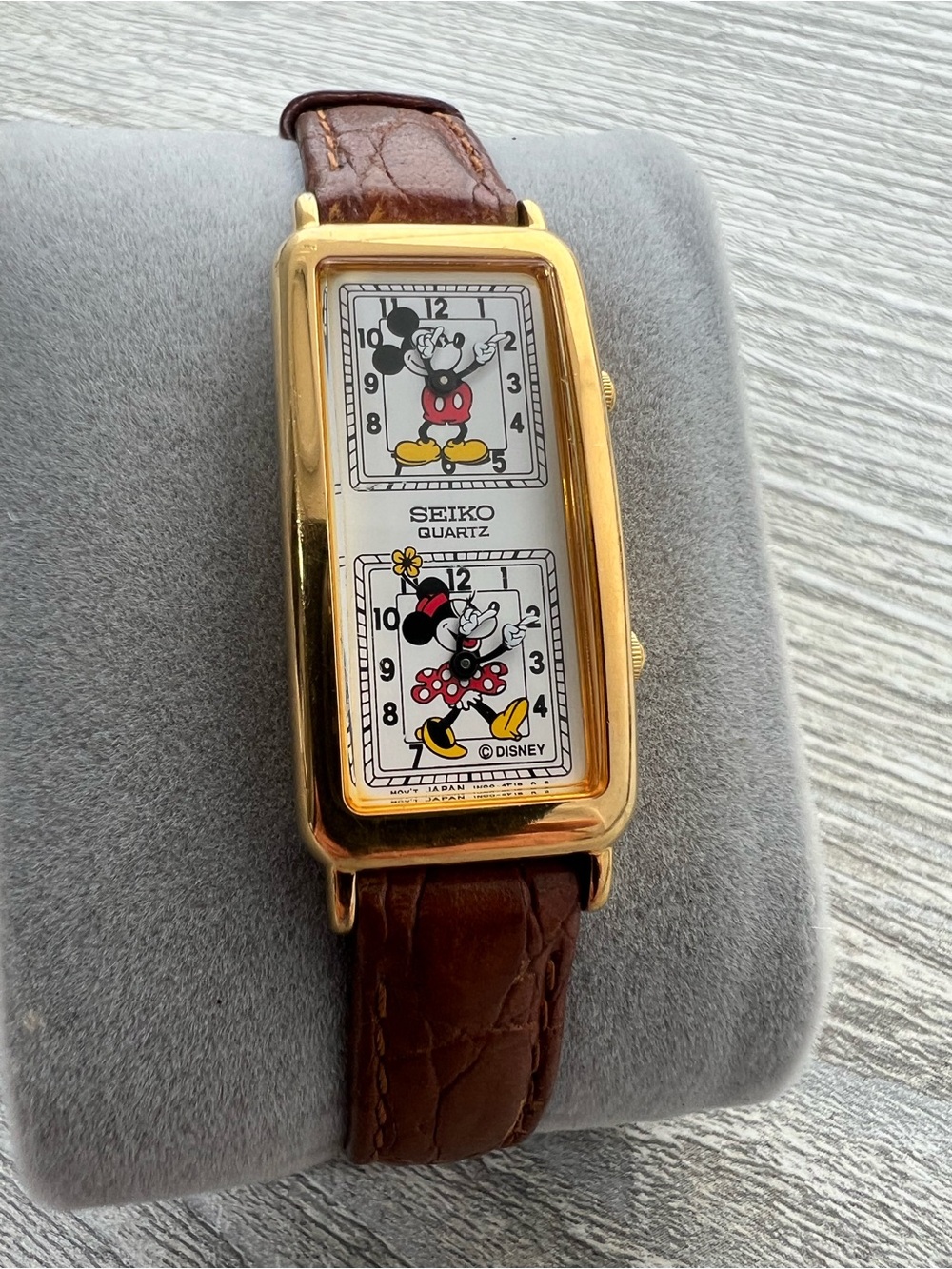 Seiko Gold-Tone Dual Mickey & Minnie Watch with Brown Strap
